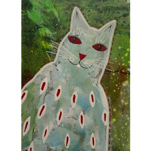 Original Cat Painting Small Quirky White Striped Red Eyed Kitty Artwork 5 x 7"