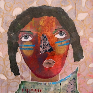 Boho Style Female Portrait Painting Girl Woman&#39;s Face Dark Haired Artwork