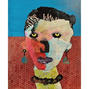 May include: Abstract mixed media portrait on canvas. The artwork depicts a face with yellow eyes, black hair, and a red and pink complexion. The background is divided into red and blue sections, with a yellow collar and blue earrings.