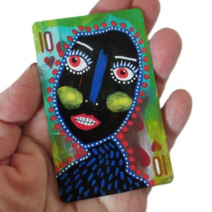 Altered Painted Playing Card Ten Of Hearts Illustrated Miniature Art Hand Embellished  Collectible Artwork