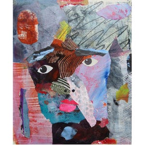 May include: Abstract mixed media artwork featuring a collage of shapes and colors. The artwork depicts a stylized face with large paper eyes, pink lips, and a variety of textures and patterns. The color palette includes shades of blue, red, brown, and gray.