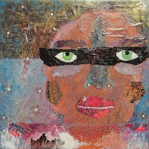 Outsider Art Portrait Painting Acrylic Collage On Small Canvas Abstract Face