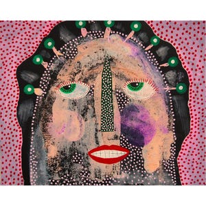Outsider Folk Art Painting Pink Purple Surreal Monster Face Portrait Illustration 10x8&quot;