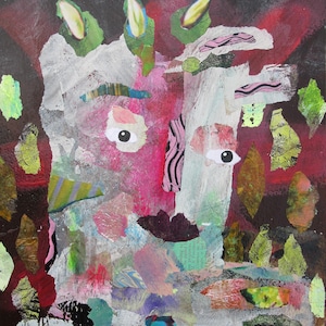 May include: Abstract mixed media artwork featuring a face-like composition. The artwork uses torn paper, paint, and collage elements. The face has large paper eyes, a pink nose, and a dark brown mouth. Green and yellow leaf-like shapes are scattered around the face.