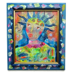Framed Raw Outsider Art Painting Abstract Female Portrait Collage Artwork