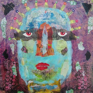 Outsider Art Painting Blue Purple Original Portrait Face Mixed Media Collage Artwork