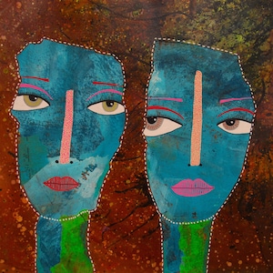 Outsider Art Faces Painting Abstract Portrait In Mixed Media Surreal Figure 10x10 Inch