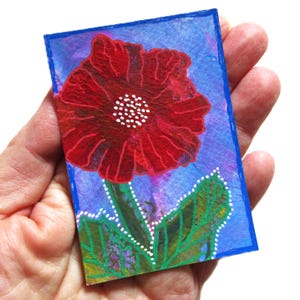 Miniature Poppy Painting Floral ACEO ATC Red Flower Quirky Tiny Artwork