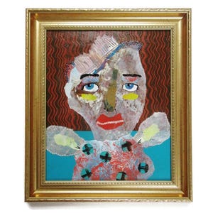 Framed Abstract Portrait Painting Outsider Folk Art Brut Unusual Unique Artwork