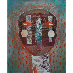 May include: Abstract mixed media artwork featuring a stylized face. The artwork uses a palette of brown, teal, and orange, with dotted and striped patterns. The face has orange eyes, a red mouth, and a teal nose.