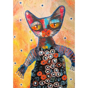 Abstract Cat Painting Vibrant Mixed Media Whimsical Feline Wall Art for Kitty Lovers
