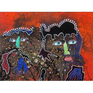 Abstract Surreal Faces Painting Unique Outsider Art Brut Portrait Ready Mounted Artwork