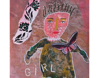 Whimsical Feminist Folk Art Painting Butterfly Girl Portrait Intuitive Emotional Portrait