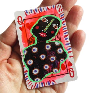 Original Painted Playing Card Art Altered Illustrated Queen Of Hearts Miniature Raw Artwork