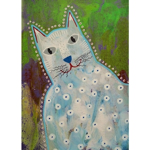 Small Cat Painting Original Cute Quirky White Spotted Kitty Artwork 5 x 7"