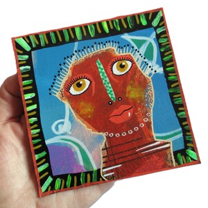 Small Surreal Portrait Art 4&quot; Raw Naive Mixed Media Painting Lowbrow Eccentric Mini Artwork