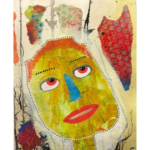 Outsider Art Portrait Painting Abstract Yellow Face Mixed Media Weird Artwork 8x10&quot;