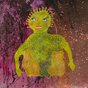 Outsider Art Yellow Figure Painting Surreal Figurative Mixed Media Painting 10  x 10 Inch