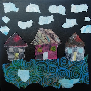 Naive Cottages Painting  Original Folk‑Art Houses in Mixed-Media Collage 8 x 8 inch
