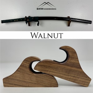 Walnut Minimalist Katana Sword Wall Mount ~ Solid Wood ~ 1 Pair ~ Custom Saber, Katana, Bokken, Staff Display ~ Adjustable Mount