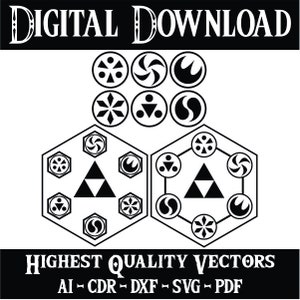 May include: Black and white digital download of a geometric design with a triangle in the center and eight symbols around it. The symbols include a snowflake, a swirl, a crescent moon, a yin yang, and more. The text "DIGITAL DOWNLOAD" is at the top of the image and "HIGHEST QUALITY VECTORS AI - CDR - DXF - SVG - PDF" is at the bottom.