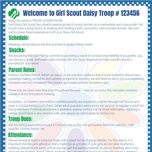 EDITABLE GS Daisy Troop Welcome Letter - 8x10 - Leader Organizer - Print from Home with Jettemplate!