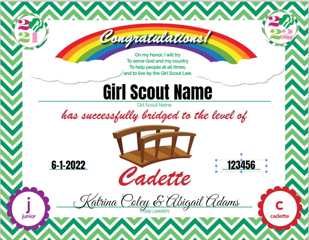 EDITABLE GS Bridging Certificate Junior to Cadette 8x10 Bridge Design ...