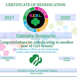 EDITABLE Girl Scout Rededication Certificate 8x10 Print | Etsy
