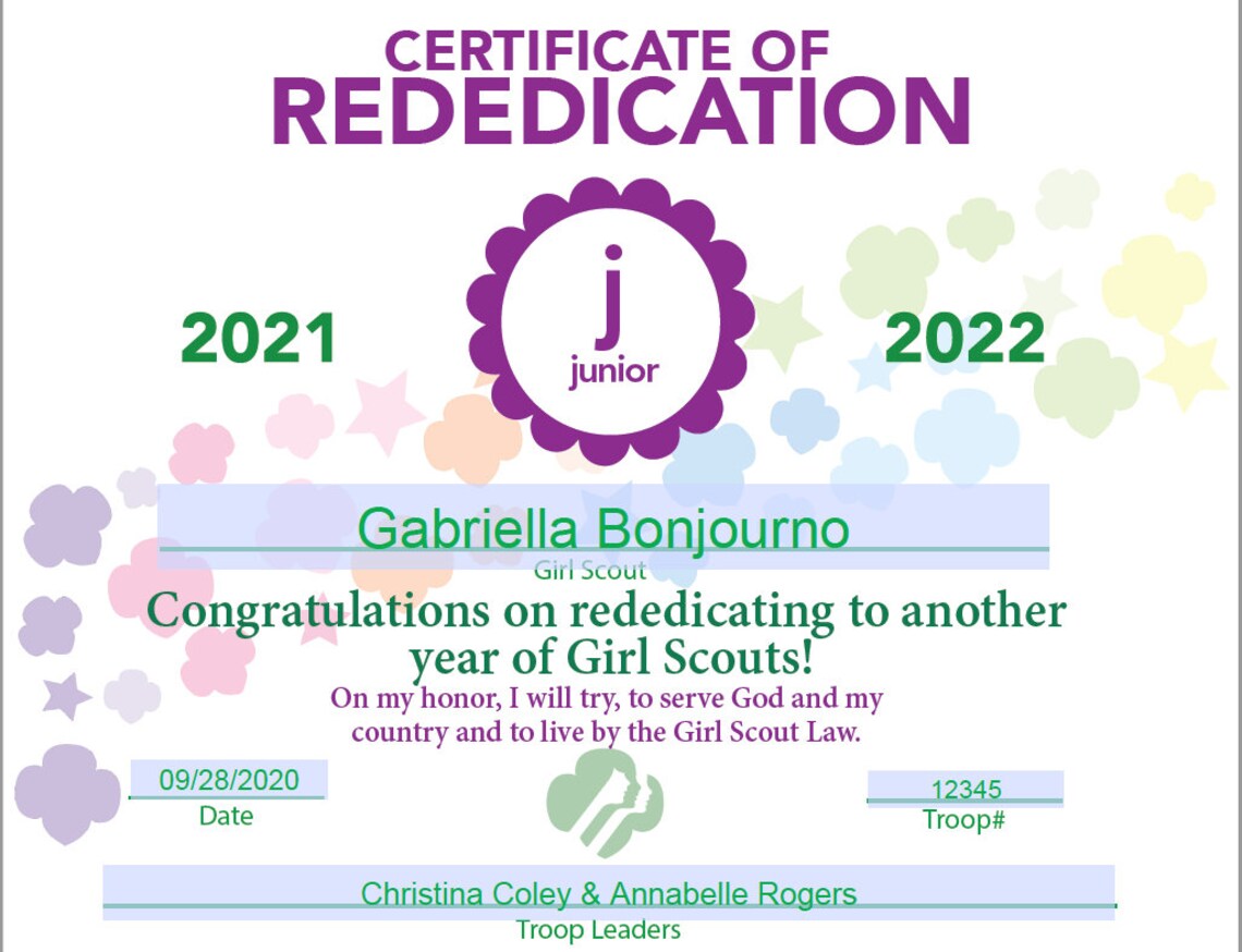 EDITABLE Girl Scout Rededication Certificate 8x10 Junior | Etsy
