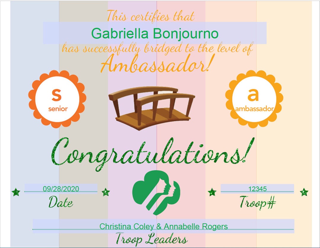 INSTANT DOWNLOAD EDITABLE Girl Scout Bridging Certificate - Senior to ...