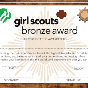 EDITABLE Girl Scout Bronze Award - Junior -  8x10 - Print from Home with Jettemplate!