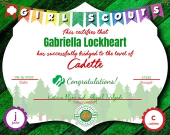 Junior to Cadette, Girl Scout Bridging Certificate, Printable Instant ...