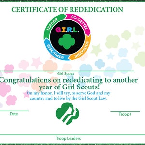 EDITABLE GS G.I.R.L Rededication Certificate - ALL Levels - 8x10 Edit on iPad, Tablet, Computer with Jettemplate | Print from Home