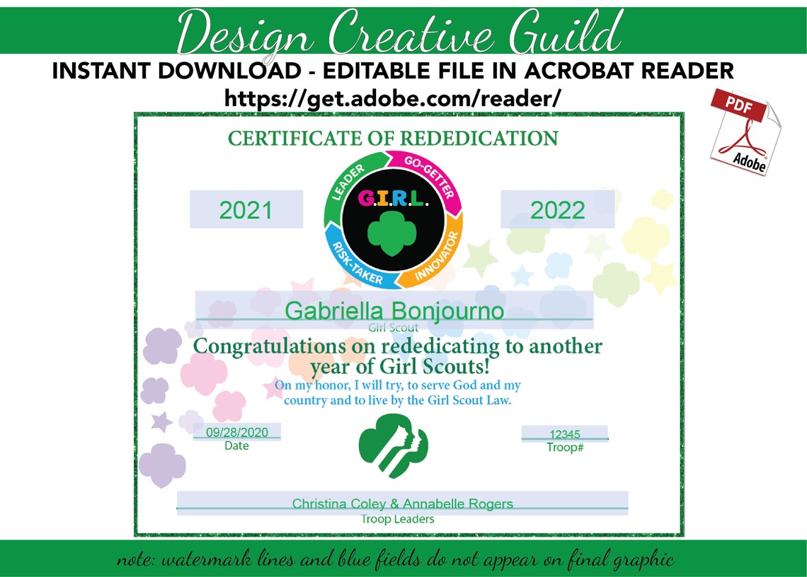 EDITABLE Girl Scout Rededication Certificate 8x10 Print | Etsy