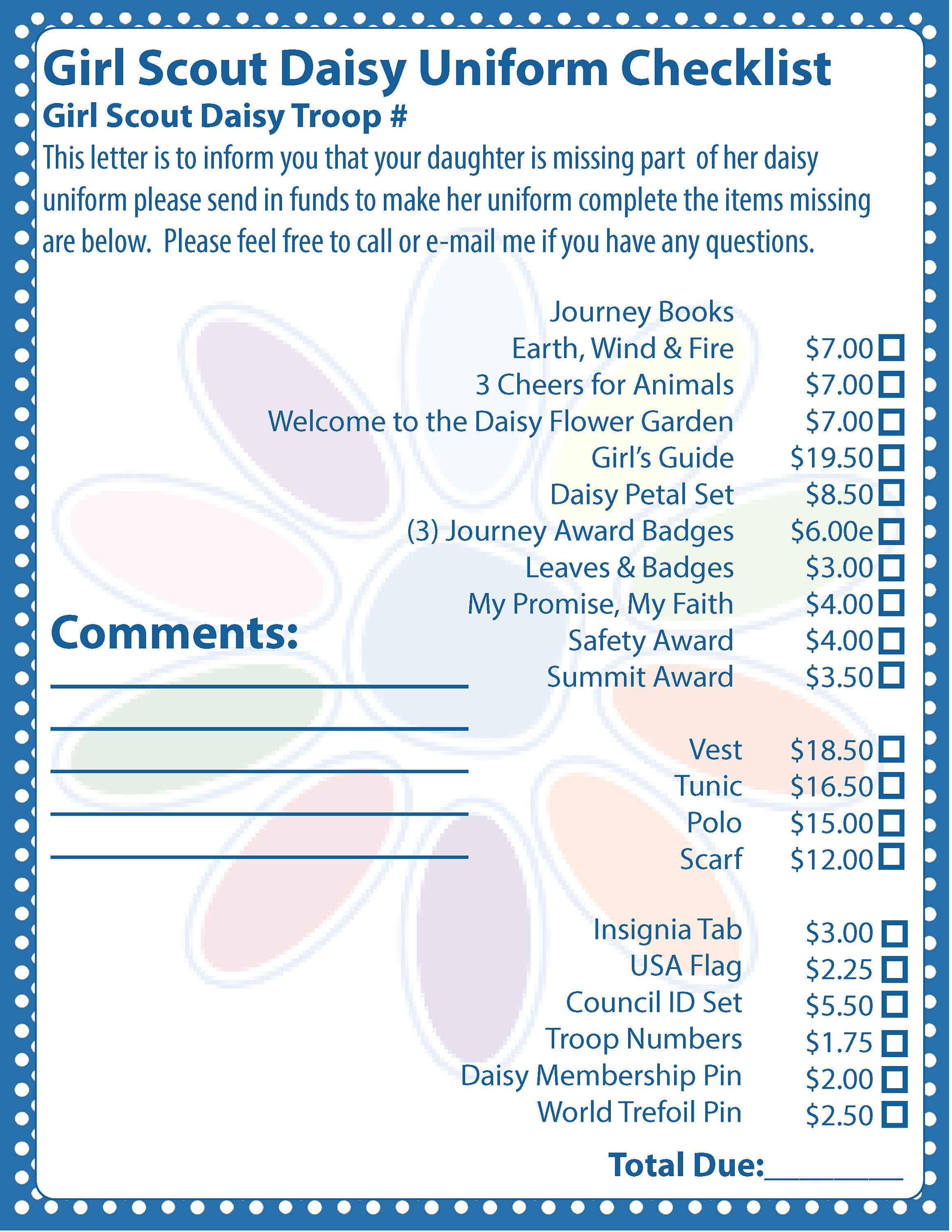 Girl Scout Daisy Uniform and Supplies Starter Checklist 8x10 Etsy