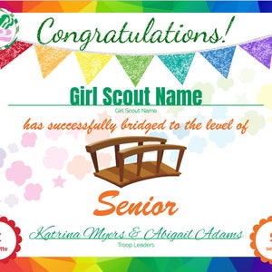 INSTANT DOWNLOAD EDITABLE Girl Scout Bridging Certificate Cadette to ...