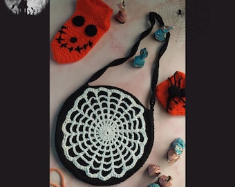 Halloween theme spooky spiderweb bag, crochet round bag