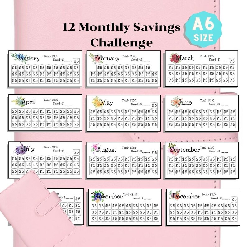 12 Monthly Savings Challenge Cards for A6 Binder Printable Etsy
