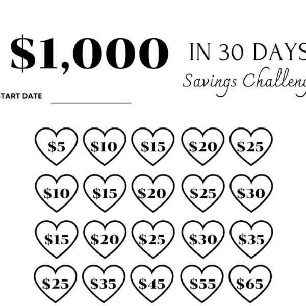 1,000 Money Saving Challenge, Save 1000 in 30 days, 1000 Savings Tracker, Money Saving Challenge Printable, 1000 Savings in 30 Days