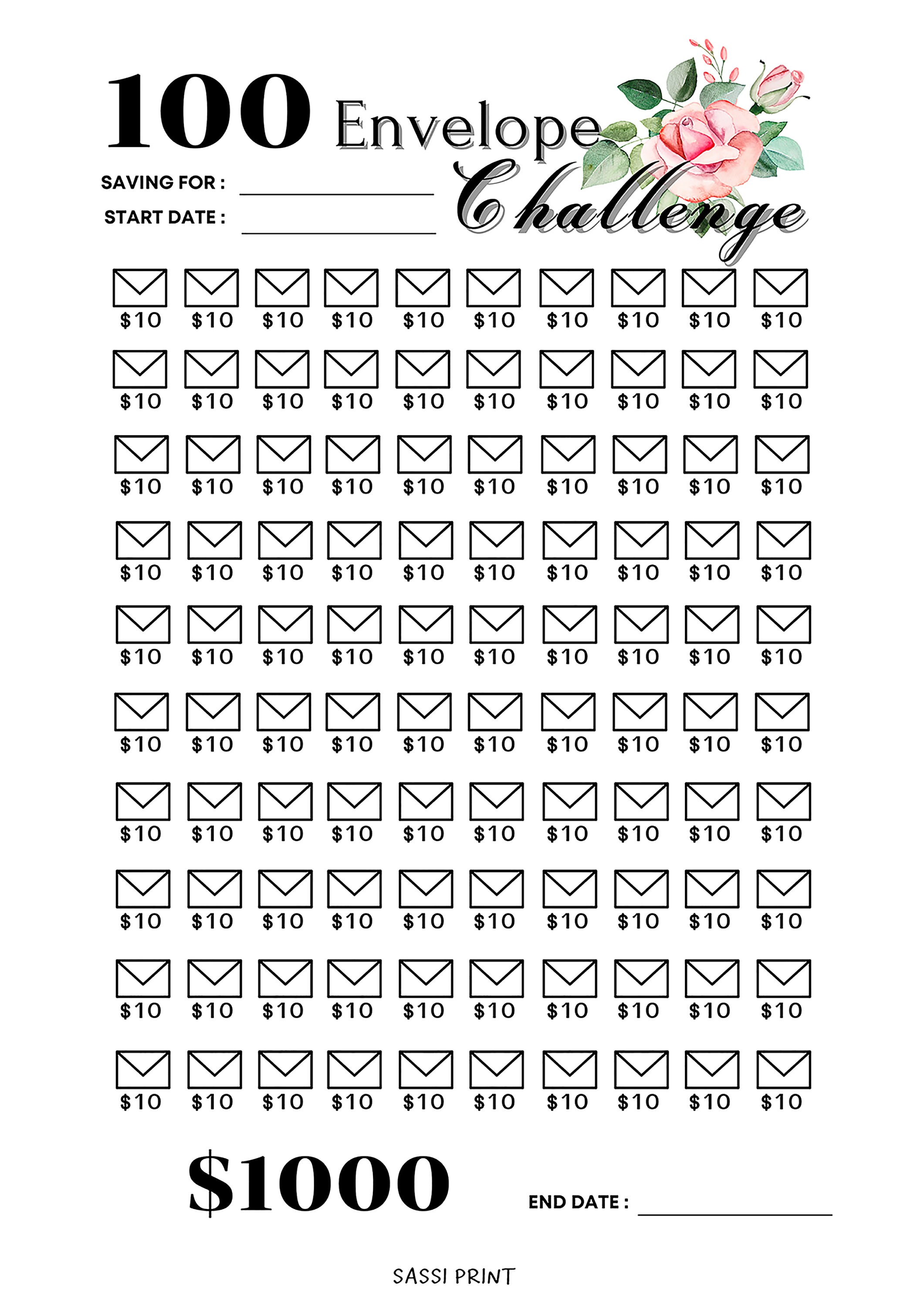 Printable 100 Envelope Savings Challenge Tracker, Save 1000 Dollars