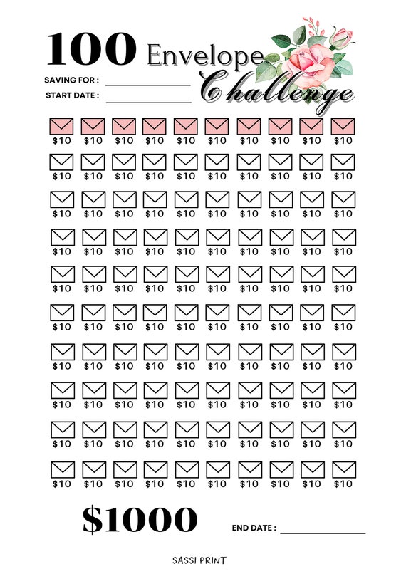 Printable 100 Envelope Savings Challenge Tracker, Save 1000
