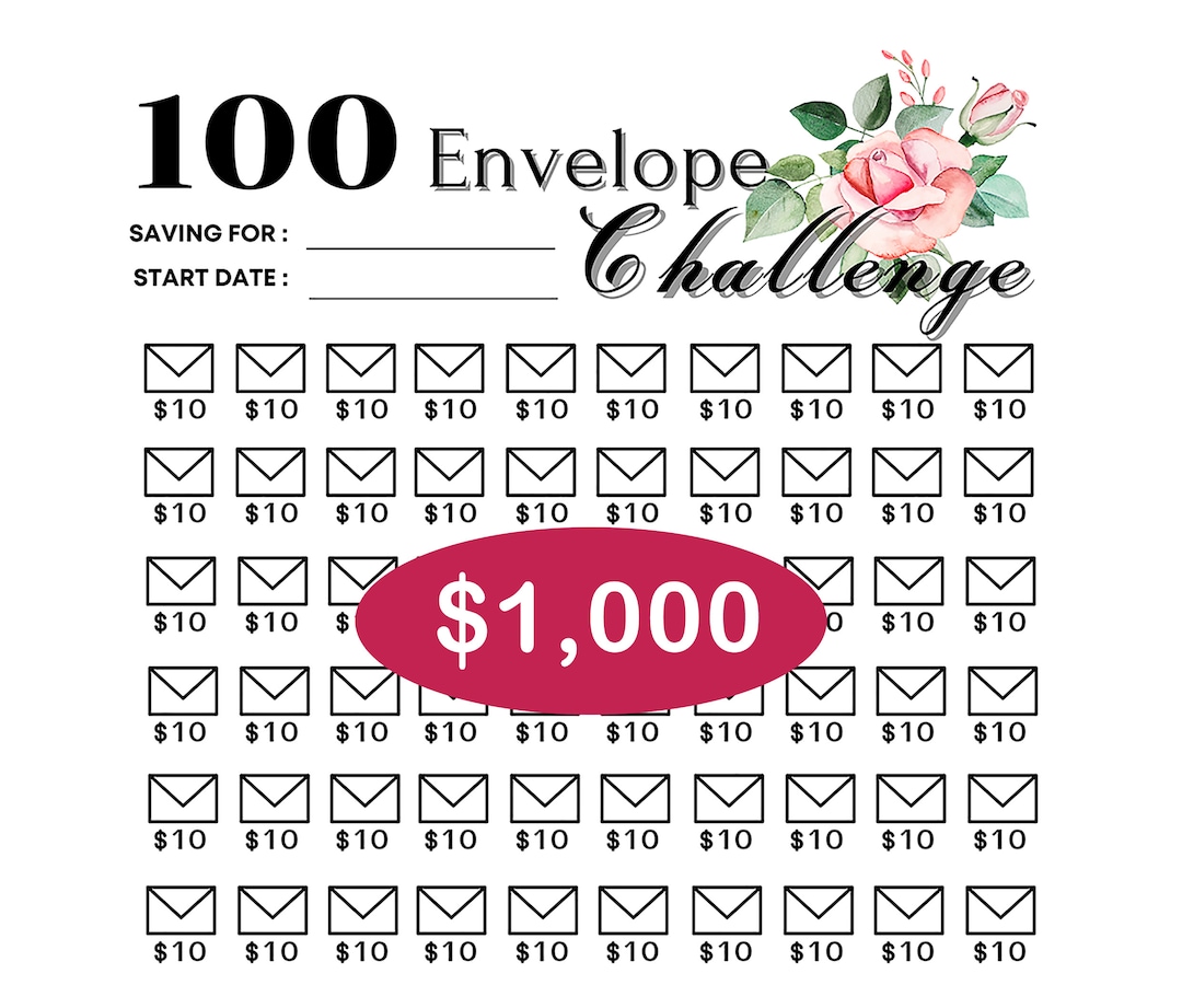Printable 100 Envelope Savings Challenge Tracker, Save 1000 Dollars
