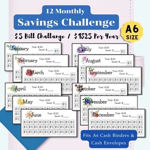 12 cartes de défi d'épargne mensuelles pour classeur A6, lot de défis d'épargne A6 pour enveloppes de trésorerie A6 et classeurs budgétaires, mini classeurs
