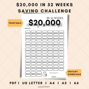 Save 20,000 Dollars In 52 weeks, Money Saving Challenge 20K, 20,000 Dollar Savings Challenge, 20k Savings Challenge chart Tracker Printable