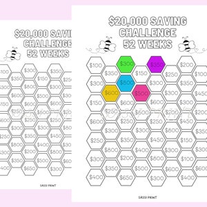 Save 20,000 Dollars In 52 weeks, Money Saving Challenge 20K, 20,000 Dollar Savings Challenge, 20k Savings Challenge chart Tracker Printable