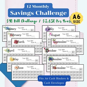 12 monatliche Spar-Challenge-Karten für A6-Binder, A6-Spar-Challenge-Bundle für A6-Geldumschläge und Budget-Binder, Mini-Cash-Binder