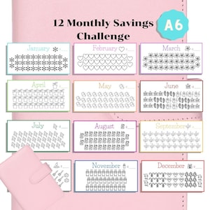12 monatliche Spar-Challenge-Karten für A6-Binder, A6-Spar-Challenge-Bundle für A6-Geldumschläge und Budget-Binder, Mini-Cash-Binder