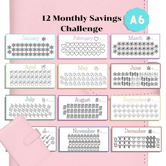 12 Monthly Savings Challenge Cards for A6 Binder A6 Savings - Etsy