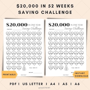 Save 20,000 Dollars In One Year, Money Saving Challenge 20K, 20,000 Dollar Savings Challenge, 20k Savings Challenge chart Tracker Printable