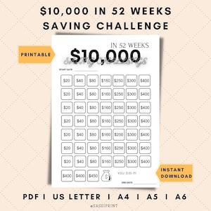Save 10,000 Dollars In 52 weeks, Money Saving Challenge 10K, 10,000 Dollar Savings Challenge, 10k Savings Challenge chart Tracker Printable
